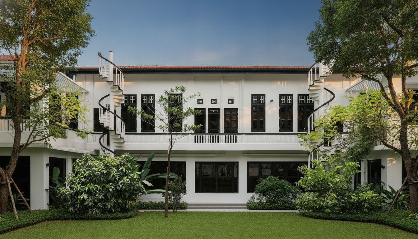 Cinematic editorial photograph of a luxury Singapore landed home at golden hour