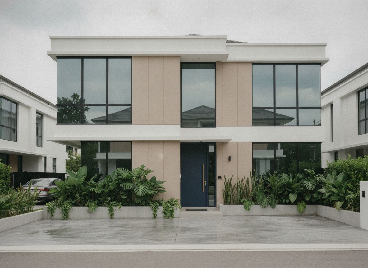 Modern semi-detached landed house exterior with tropical garden in a Singapore neighbourhood