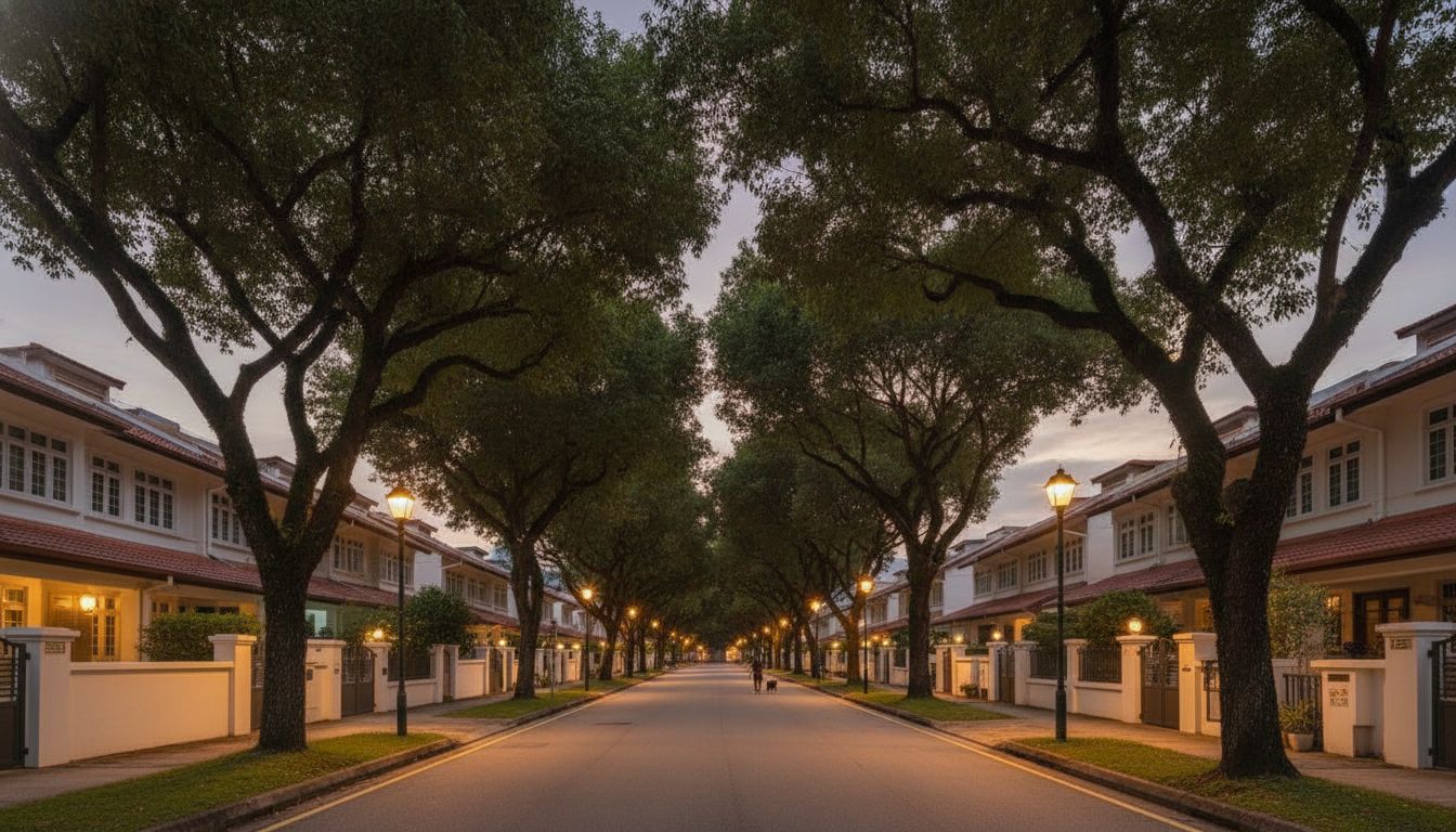 Serene Singapore landed home neighbourhood street at dusk