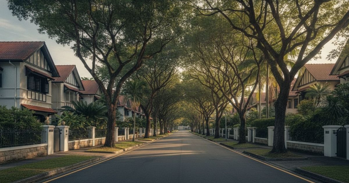 Tree-lined landed-home street in Serangoon Gardens (illustrative — replace with verified Colchester Grove photography)