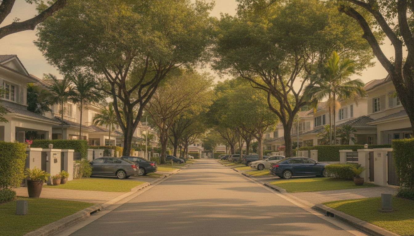 Tree-lined Serangoon Gardens street with landed terrace homes in warm afternoon light