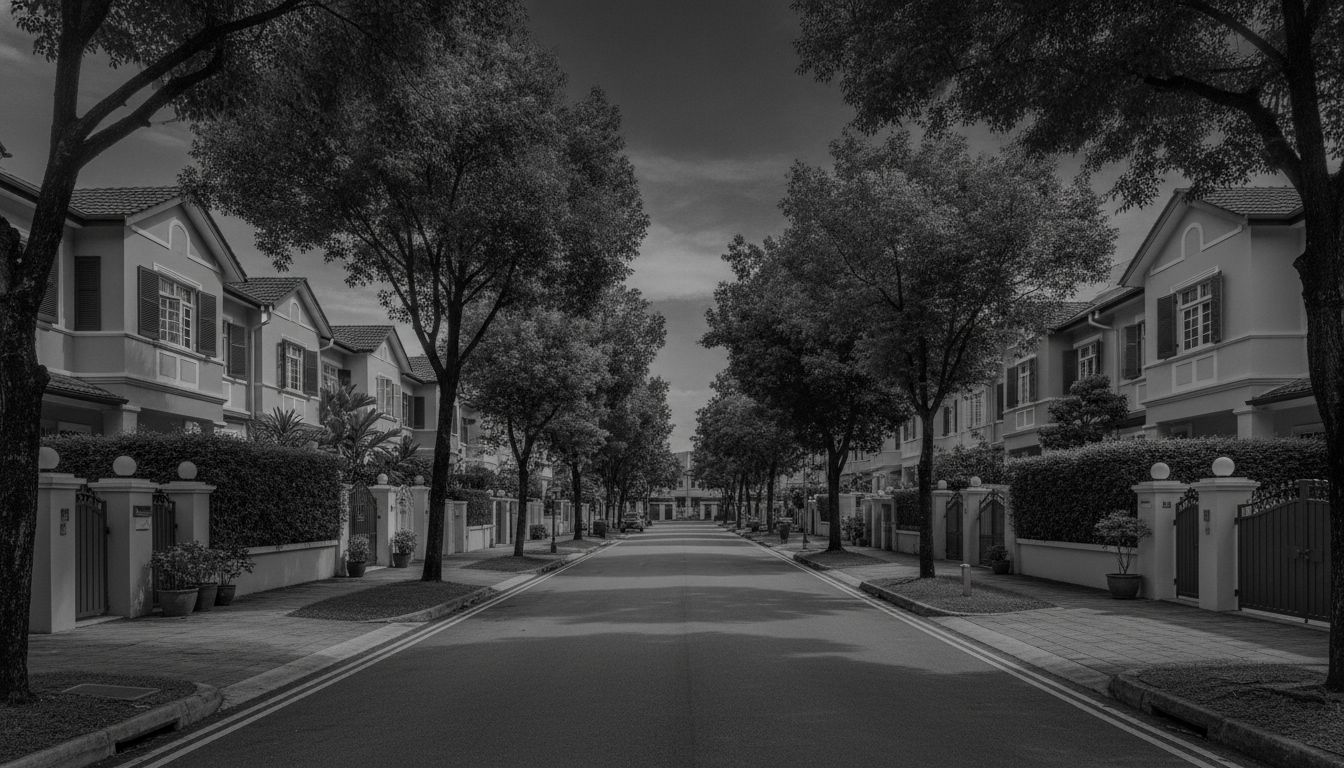 Wide streetscape of landed homes along a tree-lined street in Serangoon Gardens, Singapore
